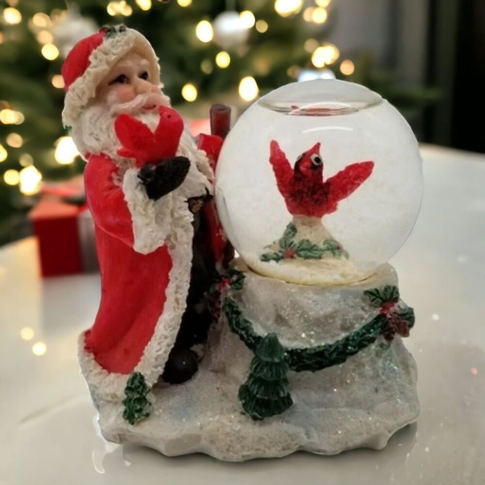 Santa Figurine Standing Front of Snow Globe Red Birds Ks Collection Christmas
